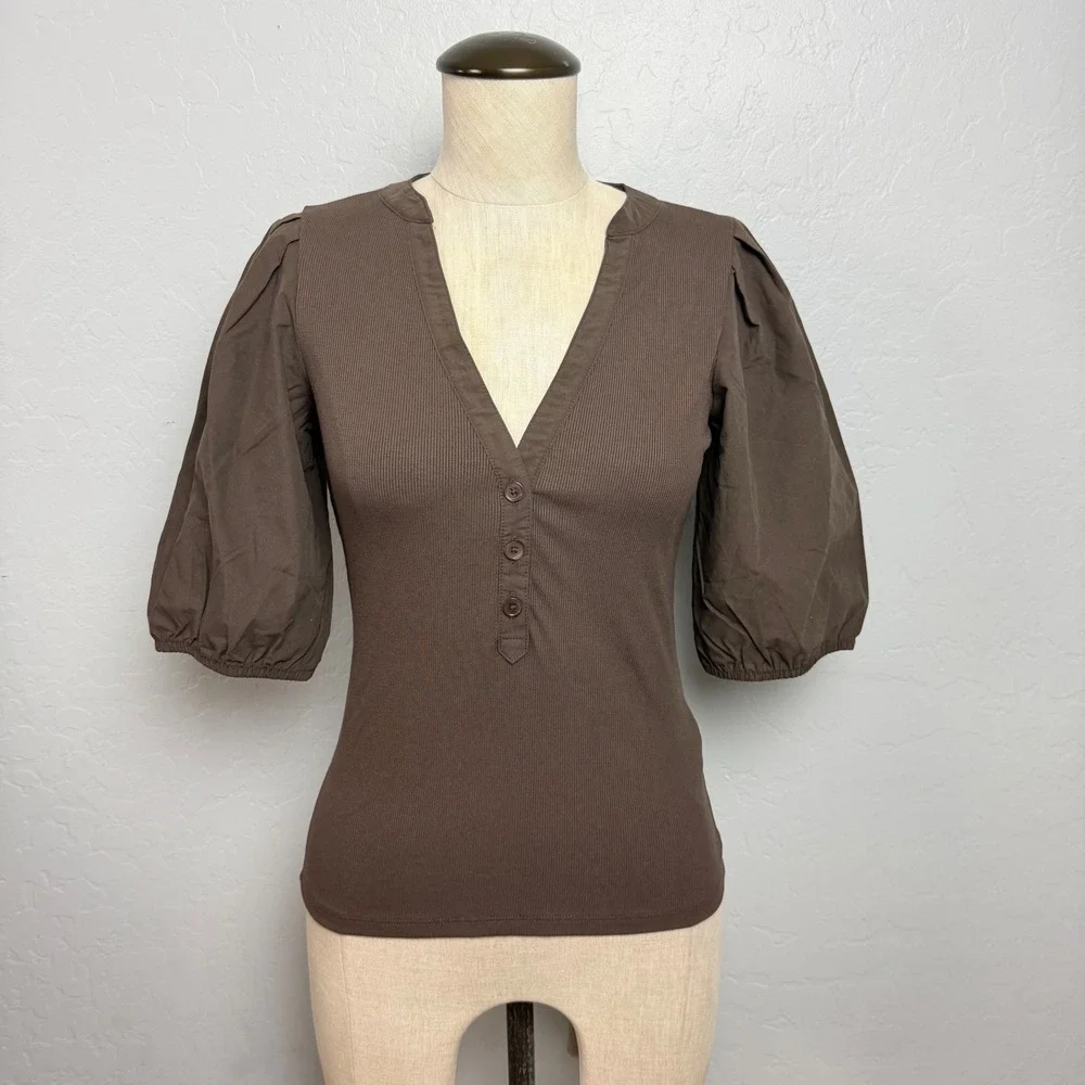 NEW Madewell Brown Ribbed Puff Sleeve Henley Top NW195 XS